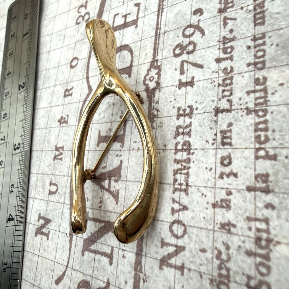 1950s Vintage Large Gold Tone Wishbone Brooch Pin Good Luck Symbol Estate - Picture 8 of 11